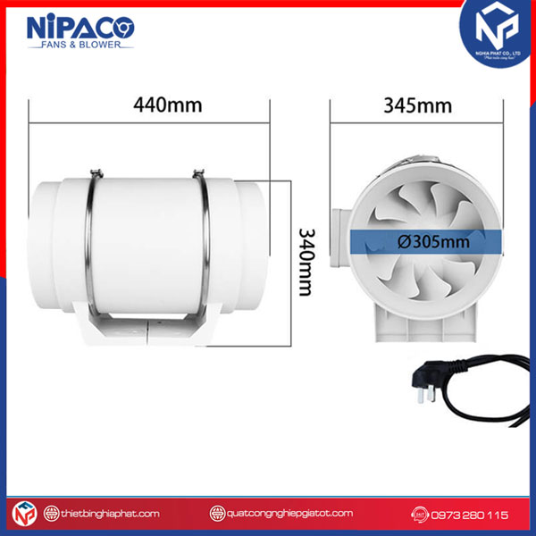 Quạt thông gió nối ống Nipaco HF-300 Kích thước quạt thông gió nối ống HF-300