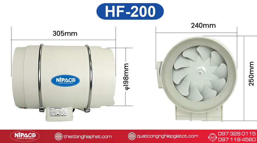 Quạt thông gió nối ống Nipaco HF-200 Kích thước Quạt thông gió nối ống HF-200
