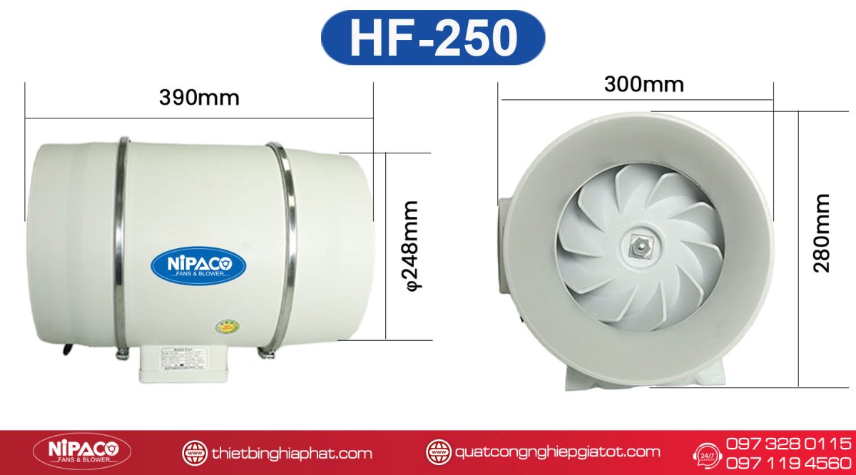 Quạt thông gió nối ống Nipaco HF-250 Kích thước Quạt thông gió nối ống HF-250