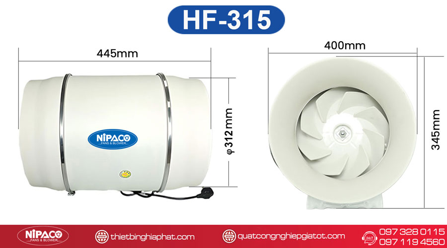 Quạt thông gió nối ống Nipaco HF-315 Kích thước quạt thông gió nối ống HF-315
