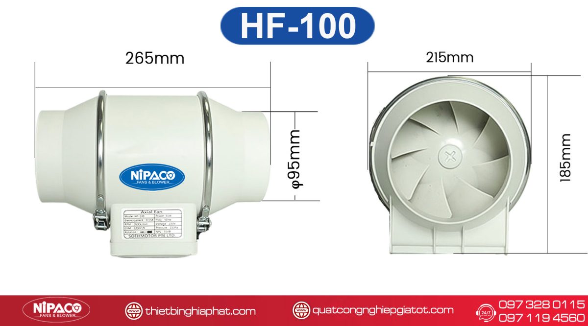 Quạt thông gió nối ống Nipaco HF-100 Kích thước Quạt thông gió nối ống Nipaco HF-100