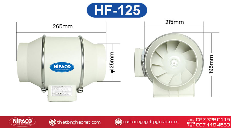 Quạt thông gió nối ống Nipaco HF-125 Kích thước Quạt thông gió nối ống Nipaco HF-125