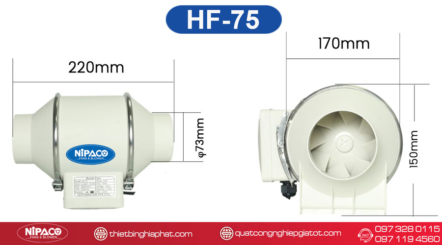 Quạt thông gió nối ống Nipaco HF-75 Kích thước Quạt thông gió nối ống Nipaco HF-75