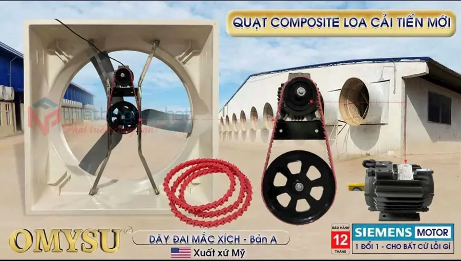 Quạt thông gió composite loa 3 cánh nhôm đúc BMF-1460 Quạt composite loa 1460x1460 dây đai mắc xích USA cải tiến