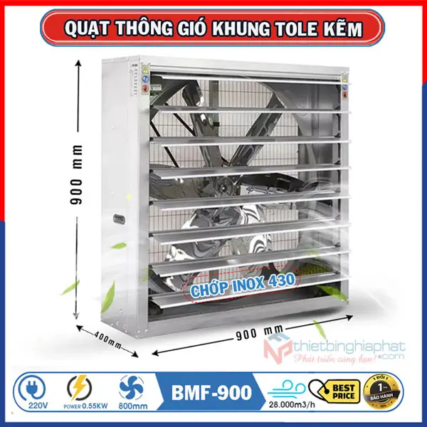 Quạt thông gió vuông 900x900 BMF-900 khung tole kẽm Quạt thông gió vuông tole kẽm 900x900x400mm BMF-900 chớp INOX