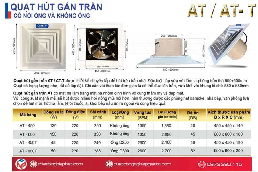 Quạt hút âm trần công nghiệp nối ống AT-450T Thông số kỹ thuật quạt hút âm trần AT