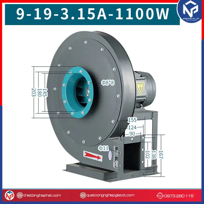 Quạt ly tâm cao áp 1.1KW 9-19-3.15A Kích thước Quạt ly tâm cao áp 9-19-3.15A-1.1KW