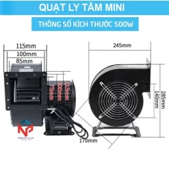 Quạt hút ly tâm mini 500W Thông số kích thước Quạt hút li tâm mini 500W