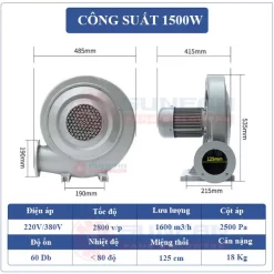 Quạt sò công nghiệp 1500W Thông số kỹ thuật Quạt sò công nghiệp 1500W