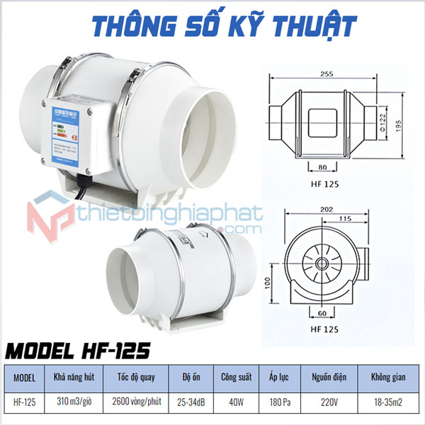 Quạt hút mùi nối ống phi 125 Thông số kỹ thuật Quạt hút mùi nối ống phi 125