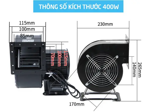 Quạt hút ly tâm mini 400W Thông số kích thước Quạt hút li tâm mini 400W