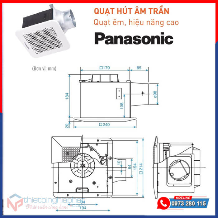 Quạt hút âm trần Panasonic FV-17CU9 có ống Kích thước Quạt hút âm trần Panasonic FV-17CU9 7,5W