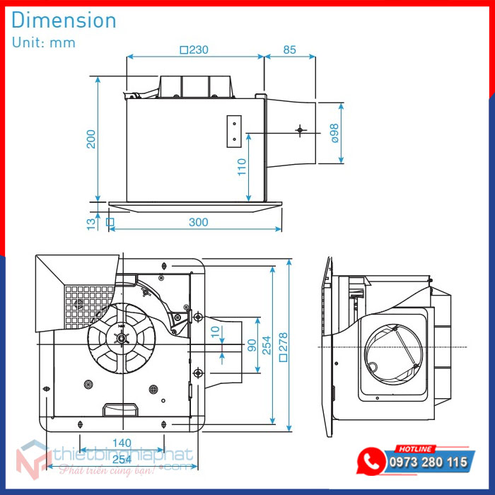 Quạt hút âm trần Panasonic FV-24CH9 có ống Kích thước Quạt hút âm trần Panasonic FV-24CD9 có ống