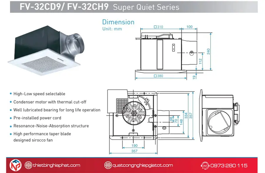Quạt hút âm trần Panasonic FV-32CD9 có ống Kích thước sản phẩm Quạt hút Panasonic FV32CD9/FV-32CH9